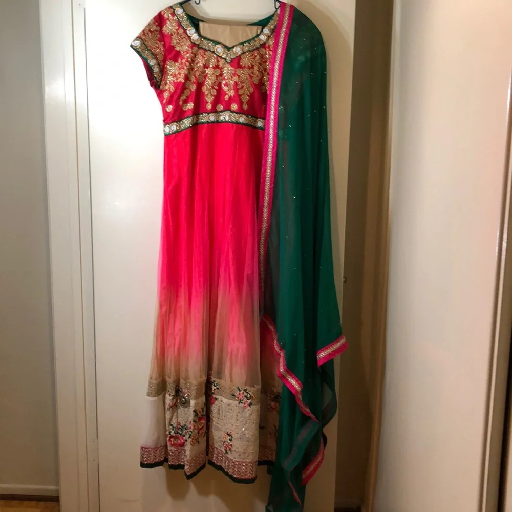 Salwar Kameez Pink and Green Embroidered Anarkali by Salwar Kameez - Picture 1 of 3